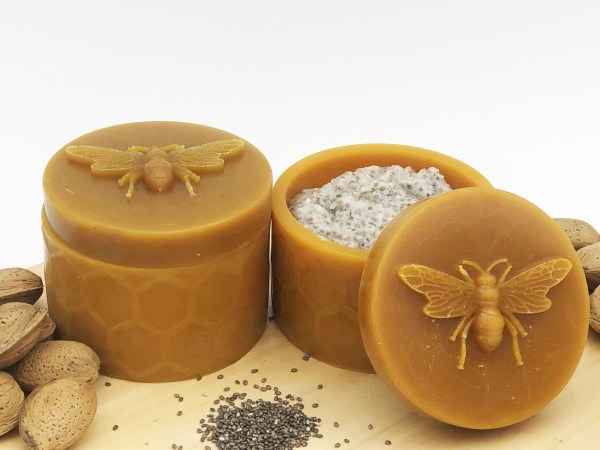 Décoration pot rond abeille avec couvercle avec crème coco, amande et chia cire abeille pour cadeau original ou objet de décoration maison