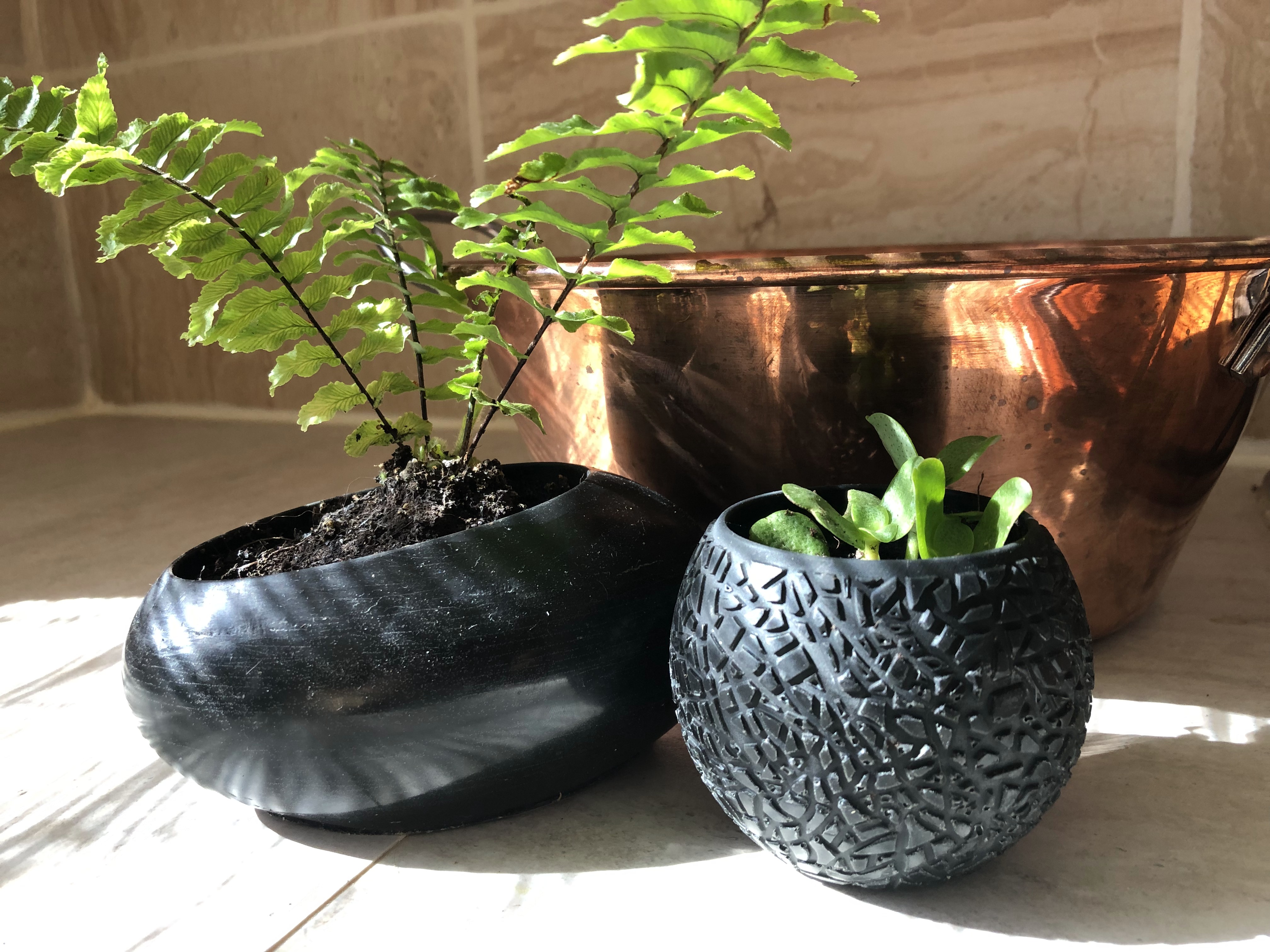 Galerie Bassine cuivre avec le zen ovale noir et boule suspension avec plante en cire d'abeille