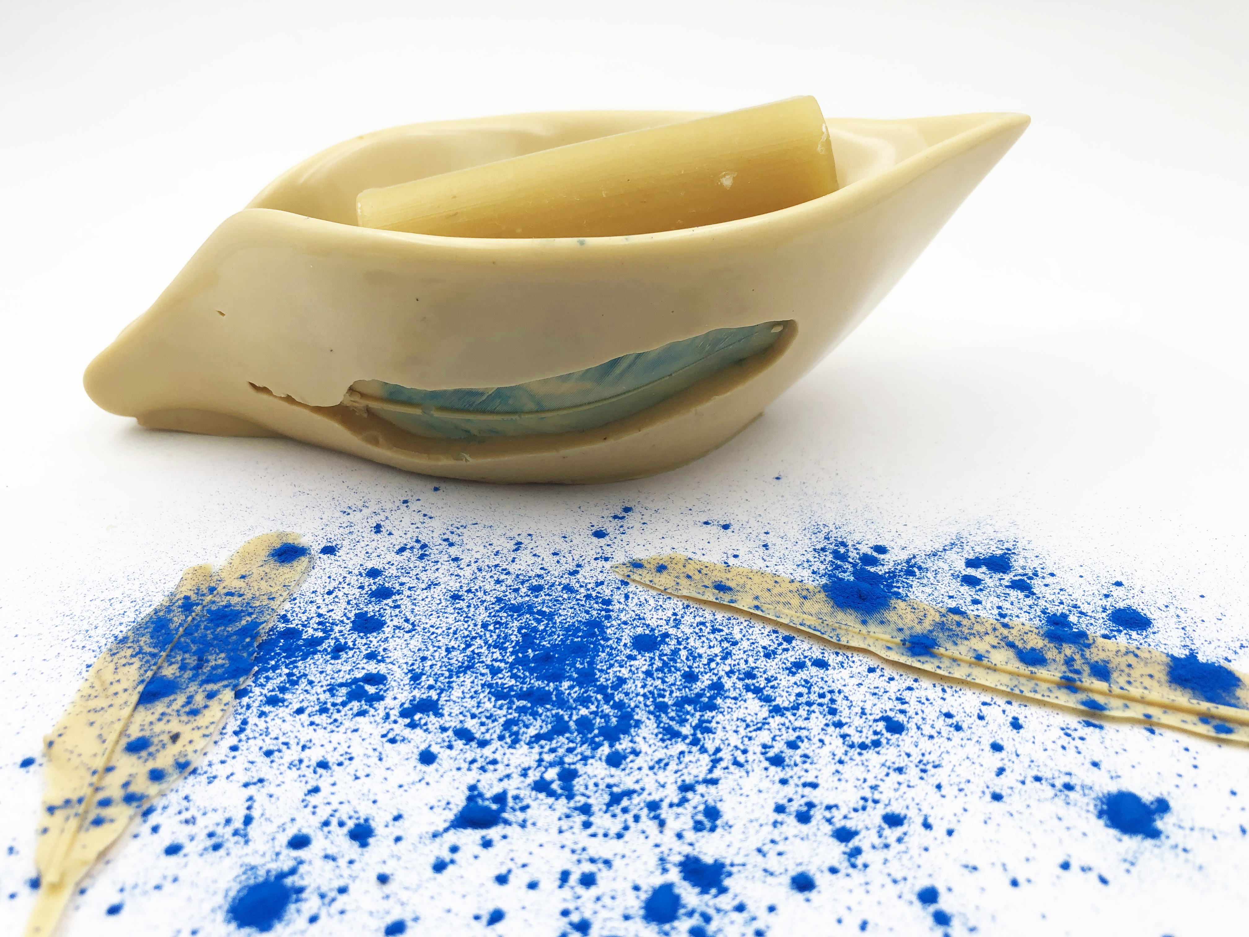 la feuille en cire d'abeille vide beilsens empreinte plume avec savon et pigment bleu